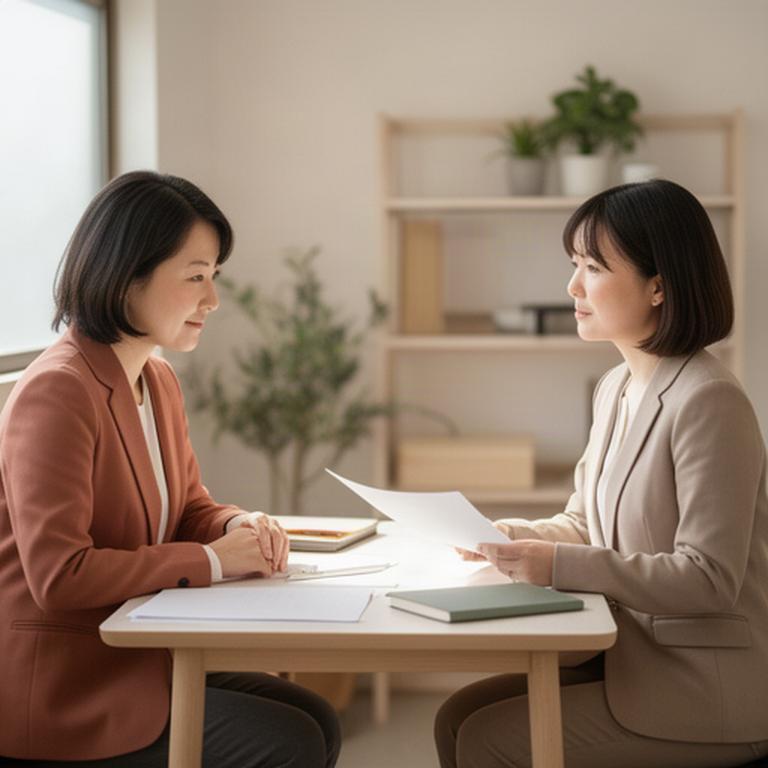 香川県の小規模オフィスで、経営者と人事担当者が採用や職場の課題を資料を見ながら相談している様子